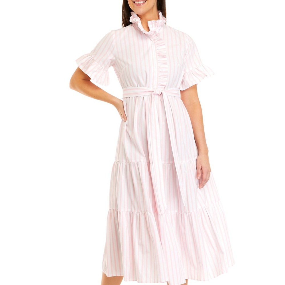 Crown & Ivy Ruffled Button Front Tiered Pink & White Striped Midi Dress